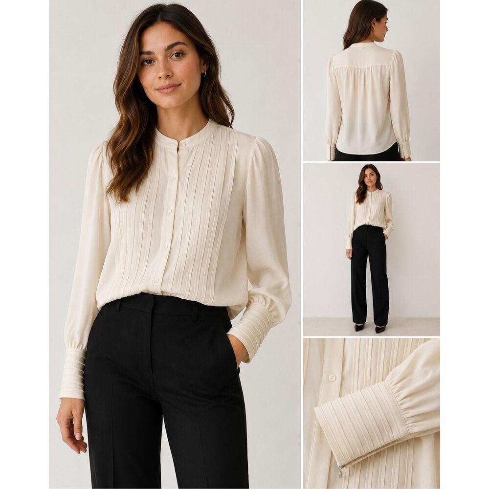 Studio M 100% Silk Ivory Pleated Blouse Long Sleeve Women’s Medium